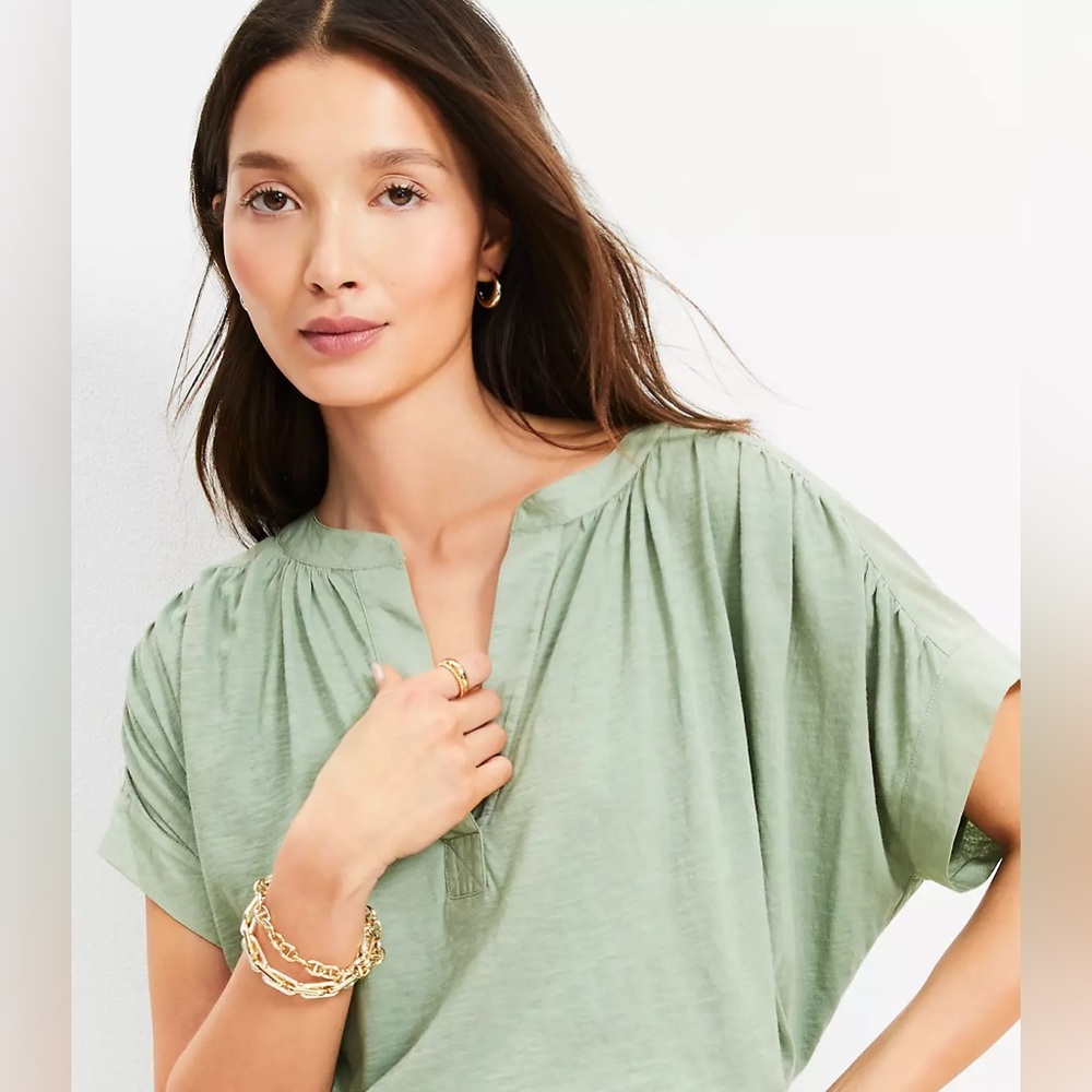 NWT LOFT Split Neck Mixed Media Top L Large in Bay Green 100% Cotton - Picture 2 of 10